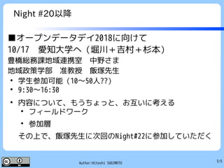 3/5Author:Hitoshi SUGIMOTO
Night #20以降
■オープンデータデイ2018に向けて
10/17　愛知大学へ（堀川＋吉村＋杉本）
豊橋総務課地域連携室　中野さま
地域政策学部　准教授　飯塚先生
●
学生参加可能（10～50人??）
●
9:30～16:30
●
内容について、もうちょっと、お互いに考える
●
フィールドワーク
●
参加層
その上で、飯塚先生に次回のNight#22に参加していただく
 