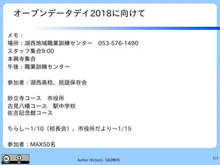 7/7Author:Hitoshi SUGIMOTO
オープンデータデイ2018に向けて
メモ：
場所：湖西地域職業訓練センター　053-576-1490
スタッフ集合9:00
本興寺集合
午後：職業訓練センター
参加者：湖西高校、民謡保存会
妙立寺コース　市役所
古見八幡コース　駅中学校
佐吉記念館コース
ちらし～1/10（校長会）、市役所だより～1/15
参加者：MAX50名　
 