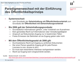 19. Juni 2015
Open Data Highlights aus der Theorie und Praxis
18
Paradigmenwechsel mit der Einführung
des Öffentlichkeitsprinzips
> Systemwechsel:
— vom Grundsatz der Geheimhaltung mit Öffentlichkeitsvorbehalt zum
Grundsatz der Öffentlichkeit mit Geheimhaltungsvorbehalt
> Bis 2006 galt der Geheimhaltungsgrundsatz:
— Grundsätzlich Informationen geheim, unter Vorbehalt von Ausnahmen
— Kein generelles Recht auf Informationen über Verwaltungstätigkeit
— Anspruch auf Dokumenten-Zugang nur in bestimmten Fällen
— Freies Ermessen der Behörden ob sie Zugang geben oder nicht
> Mit dem Öffentlichkeitsgesetzt ab 2006 gilt:
— Durchsetzbares Recht auf Zugang zu amtlichen Dokumenten
— Der einer Person gewährte Zugang gilt für jede Person
(«access to one; access to all»)
— Es muss kein besonderes Interesse nachgewiesen werden.
— Recht auf Zugang kann eingeschränkt werden.
Quelle: Medienrohstoff, 12.02.2003
http://www.ejpd.admin.ch/content/dam/data/staat_buerger/gesetzgebung/oeffentlichkeitsprinzip/rohstoff-d.pdf
 
