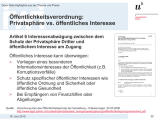 19. Juni 2015
Open Data Highlights aus der Theorie und Praxis
22
Öffentlichkeitsverordnung:
Privatsphäre vs. öffentliches Interesse
Artikel 6 Interessenabwägung zwischen dem
Schutz der Privatsphäre Dritter und
öffentlichem Interesse am Zugang
Öffentliches Interesse kann überwiegen:
> Vorliegen eines besonderen
Informationsinteresses der Öffentlichkeit (z.B.
Korruptionsvorfälle)
> Schutz spezifischer öffentlicher Interessen wie
öffentliche Ordnung und Sicherheit oder
öffentliche Gesundheit
> Bei Empfängern von Finanzhilfen oder
Abgeltungen
Quelle: Verordnung über das Öffentlichkeitsprinzip der Verwaltung – Erläuterungen, 24.05.2006
http://www.ejpd.admin.ch/content/dam/data/staat_buerger/gesetzgebung/oeffentlichkeitsprinzip/erl-entw-d.pdf
 
