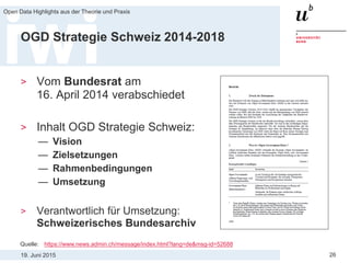 19. Juni 2015
Open Data Highlights aus der Theorie und Praxis
26
OGD Strategie Schweiz 2014-2018
> Vom Bundesrat am
16. April 2014 verabschiedet
> Inhalt OGD Strategie Schweiz:
— Vision
— Zielsetzungen
— Rahmenbedingungen
— Umsetzung
> Verantwortlich für Umsetzung:
Schweizerisches Bundesarchiv
Quelle: https://www.news.admin.ch/message/index.html?lang=de&msg-id=52688
 
