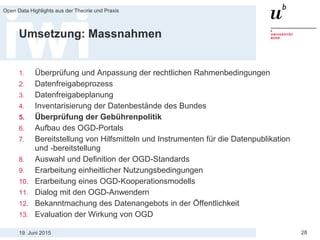 19. Juni 2015
Open Data Highlights aus der Theorie und Praxis
28
Umsetzung: Massnahmen
1. Überprüfung und Anpassung der rechtlichen Rahmenbedingungen
2. Datenfreigabeprozess
3. Datenfreigabeplanung
4. Inventarisierung der Datenbestände des Bundes
5. Überprüfung der Gebührenpolitik
6. Aufbau des OGD-Portals
7. Bereitstellung von Hilfsmitteln und Instrumenten für die Datenpublikation
und -bereitstellung
8. Auswahl und Definition der OGD-Standards
9. Erarbeitung einheitlicher Nutzungsbedingungen
10. Erarbeitung eines OGD-Kooperationsmodells
11. Dialog mit den OGD-Anwendern
12. Bekanntmachung des Datenangebots in der Öffentlichkeit
13. Evaluation der Wirkung von OGD
 