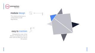 easy to maintain
Changing the order of the
blocks, or substitute some of
them will not affect the rest of
the system
The whole architecture is
composed by small
lego-blocks
modular design
 