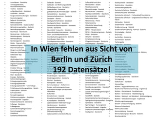 • Amtshäuser - Standorte
• Armutsgefährdete,
Haushaltseinkommen
• Ateliers - Statistik
• Aufgrabeverbote - Geodaten
• Ausländer - Statistik
• Baugrunduntersuchungen - Geodaten
• Baunutzungsplan
• bebaute Grundstücke
• Bebauungspläne
• Behindertenhilfe - Badeanstalten
• Behindertenparkplätze - Statistik
• Beschäftigungsdaten - Statistik
• Beschlüsse - Bezirksamt
• Besteuerung - Aufkommen
• Betreibungsamt - Standorte
• Betriebszählung
• Bezirksregionen - Geodaten
• Böden - Eigenschaften
• Bodenutzungsart - Geodaten
• Branchenübersicht
• BürgerInnenbefragung
• Daten aus Veranstaltungen
• Datensätze App
• DBpedia
• denkmalgeschütze Objekte - Standorte
• Differenzbilanzierung Spannungsnetze
• Digitale Topographische Karte -
Geodaten
• Einsätze Rettung - Statistik
• Einschulbereiche - Statistik
• Einspeisung Spannungsnetze
• EKIZ - Standorte
• Energie - Rechtliche
Rahmenbedingungen
• Entsieglungspotenziale
• Entsorgungskalender
• Entsorgungskalender - Sammeltage
• Erhaltungsverordnungsgebiete - Gesetz
• Exportzahlen - Statistik
• Fahrradverkehr
• Fernwärmegebiete
• Flächennutzungsplan - Geodaten
• Flüchtlingshilfe - Angebot
• Friedensrichteramt - Standorte
• Fußwege - Geodaten
• Fußwegenetz
• Gartendenkmalpflegeinventar
• Gasrückzugsgebiete
• Gästebuch
• Gastwirtschaftsbetriebe
• Stadtquartiere - Geodaten
• Stadtstruktur - Geodaten
• Standardeinspeiseprofil
• Statistische Gebiete - Geodaten
• Statistische Zone - Geodaten
• Statistisches Jahrbuch - Freihandkauf Grundstücke
• Statistisches Jahrbuch - umgesetzte Grundstücke und
Fläche
• Sterbealter - Statistik
• Stolpersteine - Standorte
• Straßenrechnung - Statistik
• Straßenverkehrszählung - Fahrrad - Statistik
• Stromabgabe - Statistik
• Stromnetz
• Suchthilfen - Standorte
• Summenlast - Statistik
• Tarifentgelte
• Tiefbauten - Geodaten
• Übersicht Wirtschaftsbereiche
• Übersichtsplan
• Umsätze im Cluster Kommunikation, Medien,
Kulturwirtschaft
• Umweltprojekt
• Umweltzone
• Veranstaltungen
• Verbannte Bücher
• Verbraucherpreisindex
• Verkehrsobjekte - Geodaten
• Vermögen - Statistik
• Vermögensverzeichnis
• Verpflegungsbetriebe - Standorte
• Versiegelung
• Volkschulen - Standorte
• Voranschlag
• Wahlen - Abgeordnetenhaus und
Bezirksverordnetenversammlung - Ergebnisse
• Wahlen - Gemeinderat - KandidatInnen
• Wahlen - Gemeinderat - Wahlbeteiligung
• Wahlen - National- und Ständerat - Wahlbeteiligung
• Wahlen - Volksabstimmungen - Ergebnisse
• Wanderungsbewegungen
• Wasser- und Gasversorgung - Statistik
• Wasserschutzgebiete
• Weihnachtsmärkte
• Wertschöpfung - Statistik
• Wertschöpfung nach Branche - Statistik
• Wochenmärkte
• Gebäude - Statistik
• Gebäude- und Wohnungsstatistik
• Gebäudegrundrisse - Geodaten
• Gedenktafeln - Standorte
• geförderte Kultureinrichtungen - Statistik
• Geländehöhen - Geodaten
• Gemeinschaftszentrum - Standorte
• Geodaten - diverse
• Geologische Bohrdaten - Geodaten
• Geologische Skizze - Geodaten
• Geometrien Bezirksregionen - Geodaten
• Gericht - Standorte
• Geschützte Festpunkte - Geodaten
• Gesundheitsberichterstattung - Detaildaten
• Grün- und Freiflächenbestand
• Grundschuleinzugsbereiche - Statistik
• Gründungen Open Data
• Grundwassermessstellen - Standorte
• Hauptsprachen - Statistik
• Historische Grundlagendaten
• Historische Stadtquartiere - Geodaten
• Horte - Standorte
• Hydranten - Standorte
• Industrieumsatzzahlen
• Infrastrukturschäden - Gebäude
• Jahresabschluss
• Jugendwohlfahrt - Angebot
• Jugendwohlfahrt - Bericht
• Jugendzentren - Standorte
• Kernbohrungen - Geodaten
• Kfz-Kennzeichen - Statistik
• Kinder, Jugend und Familienhilfe - Angebot
• Kinderkrippen - Standorte
• Kindertagesstätten - Standorte
• Kirchen - Standorte
• Kleingarten - Bestand
• Kommunalsteuer - Aufkommen
• Kosten- und Leistungsrechnung
• Kultureinrichtungen und kulturelle
Aktivitäten
• Kulturetat
• KünstlerInnen - Statistik
• KünstlerInnenförderung - Statistik
• Kunstobjekte - Standorte
• Ladenstationen Elektrofahrzeuge
• Landpreiszone - Geodaten
• Lastprofile Spannungsnetze
• Laufende Rechnung und
Investitionsrechnung
• Lebensweltlich orientierte Räume
• Luftqualität und Lärm
• Mindestlohn - Gesetz
• Mobilitystandorte
• Motorfahrzeuge - Statistik
• Musikschulen - Standorte
• Nachbarschaftshilfen - Standorte
• Naturdenkmäler - Standorte
• Naturnähe Böden
• Netznutzung - Preise
• Notariatskreise
• öffentliche Beleuchtung
• OpenStreetMap
• ÖPNV - Fahrplandaten
• ÖPNV - Fahrplanprognosen - Statistik
• ÖPNV - Stationen
• Ortsplan - Geodaten
• Parkplatzverordnung
• Pflegeeinrichtungen - Standorte
• Picknickplätze - Standorte
• Planungsräume - Geodaten
• Polizei - Geodaten
• Postleitzahlen
• Postleitzahlengebiete - Geodaten
• Prognoseräume - Geodaten
• Publikationen
• Radverkehrsanlagen
• Raumgliederung - Geodaten
• Rechnungsabschluss - Monatsdaten
• Recyclinghöfe
• Religionsgemeinde
• Reparaturführer Fahrrad
• Routing-Service Wege
• Sanierungsgebiete
• Schulen - Statistik
• Senatsdokumente - Senatsvorlagen
• Seniorenwohnungen
• Seniorenzentren - Standorte
• Sozialberatungsstellen - Standorte
• Soziale Einrichtungen
• soziale Unterstützungsleistungen -
Statistik
• Sozialhilfe - Statistik
• Sozialstatistisches Berichtswesen
• Sperrgutenstorgungsstellen - Standorte
• Spielplätze - Standorte
• Sportanlagen - Kursangebote
• Sporteinrichtungen - Angebot
• Städtische Dienstleistungen - Standorte
• Stadtpolizei - Standorte
In Wien fehlen aus Sicht von
Berlin und Zürich
192 Datensätze!
 
