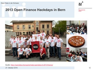 27. Oktober 2016
Open Data in der Schweiz
12
2013 Open Finance Hackdays in Bern
Quelle: https://opendata.ch/projects/make-opendata-ch-2013-finance/
 