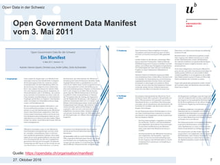 27. Oktober 2016
Open Data in der Schweiz
7
Open Government Data Manifest
vom 3. Mai 2011
Quelle: https://opendata.ch/organisation/manifest/
 