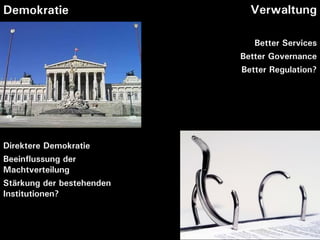 Demokratie                   Verwaltung

                              Better Services
                           Better Governance
                           Better Regulation?




Direktere Demokratie
Beeinflussung der
Machtverteilung
Stärkung der bestehenden
Institutionen?
 