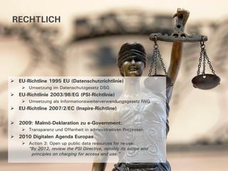 RECHTLICH




 EU-Richtline 1995 EU (Datenschutzrichtlinie)
     Umsetzung im Datenschutzgesetz DSG
 EU-Richtlinie 2003/98/EG (PSI-Richtlinie)
     Umsetzung als Informationsweiterverwendungsgesetz IWG
 EU-Richtline 2007/2/EC (Inspire-Richtline)

 2009: Malmö-Deklaration zu e-Government:
     Transparenz und Offenheit in administrativen Prozessen
 2010 Digitalen Agenda Europas
     Action 3: Open up public data resources for re-use:
      “By 2012, review the PSI Directive, notably its scope and
       principles on charging for access and use.”
 
