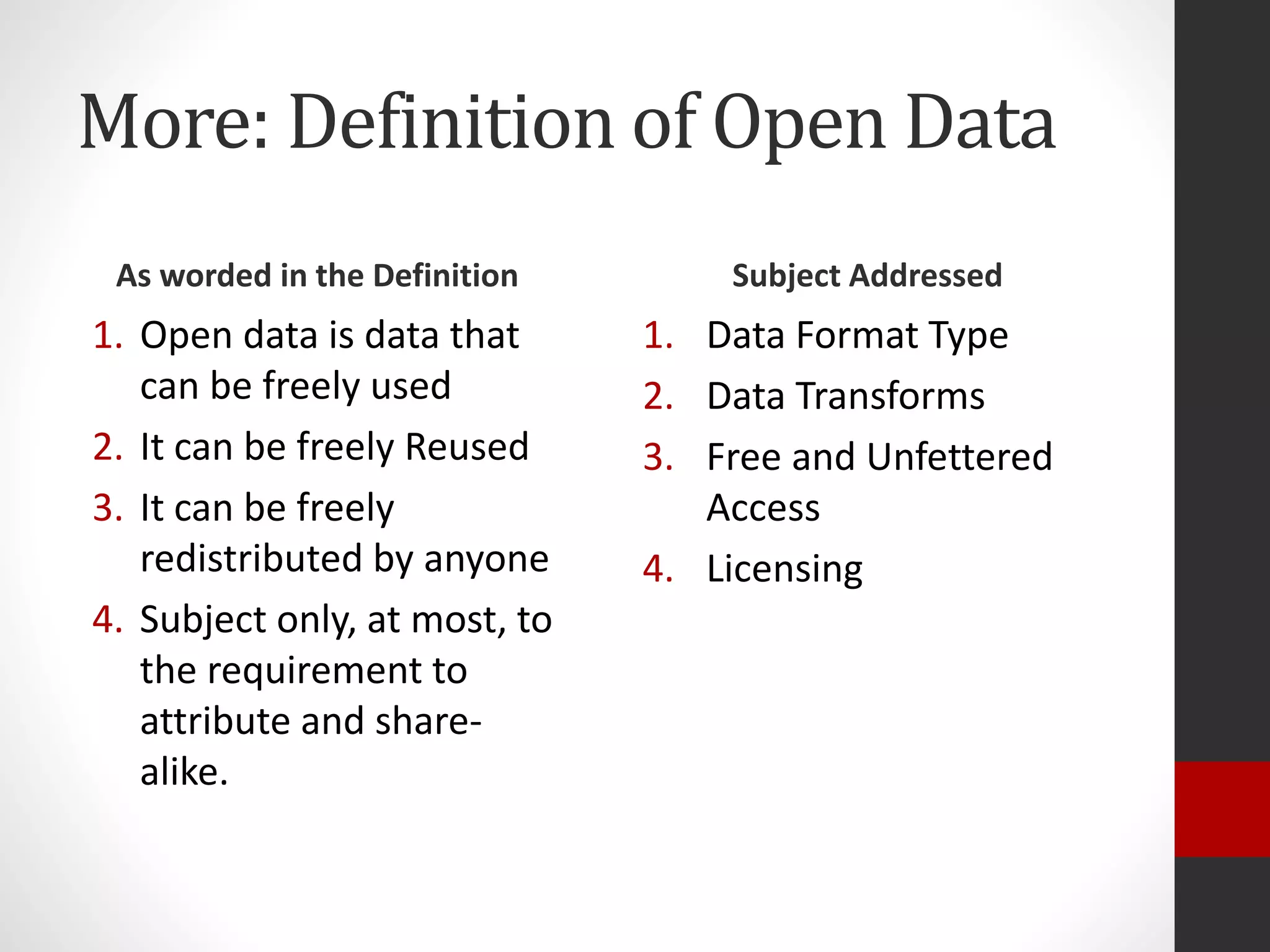 More: Definition of Open Data
As worded in the Definition
1. Open data is data that
can be freely used
2. It can be freely Reused
3. It can be freely
redistributed by anyone
4. Subject only, at most, to
the requirement to
attribute and share-
alike.
Subject Addressed
1. Data Format Type
2. Data Transforms
3. Free and Unfettered
Access
4. Licensing
 