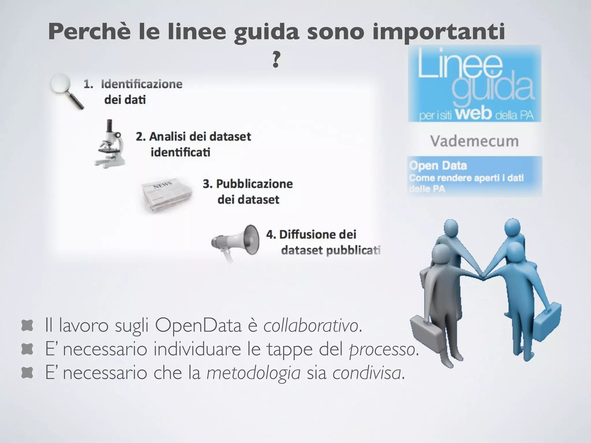 Perchè le linee guida sono importanti
                   ?




Il lavoro sugli OpenData è collaborativo.
E’ necessario individuare le tappe del processo.
E’ necessario che la metodologia sia condivisa.
 