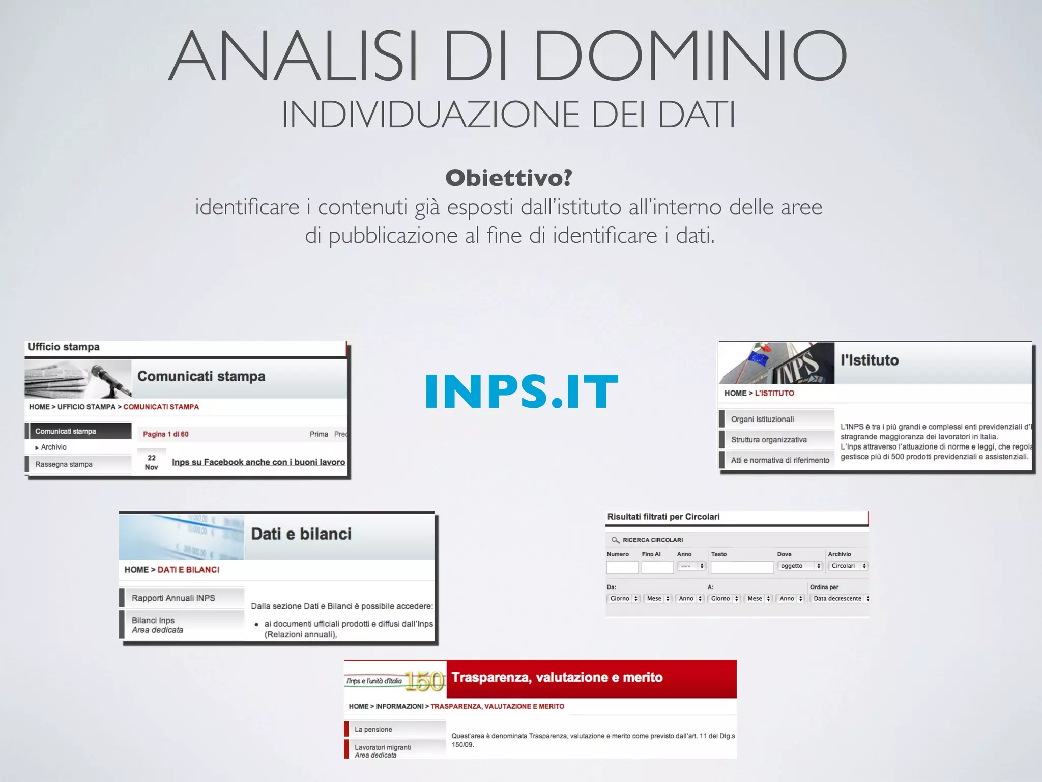 ANALISI DI DOMINIO
         INDIVIDUAZIONE DEI DATI
                            Obiettivo?
identiﬁcare i contenuti già esposti dall’istituto all’interno delle aree
            di pubblicazione al ﬁne di identiﬁcare i dati.




                          INPS.IT
 