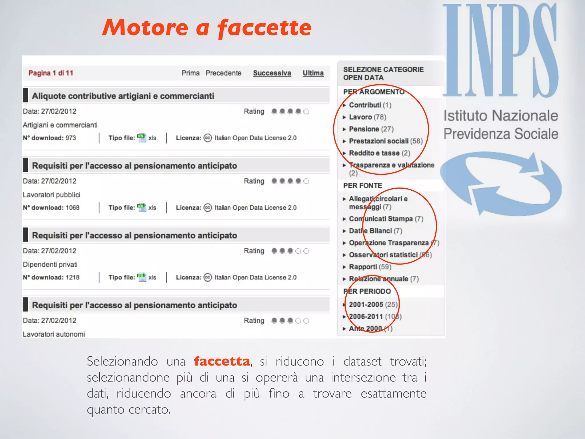 Motore a faccette




Selezionando una faccetta, si riducono i dataset trovati;
selezionandone più di una si opererà una intersezione tra i
dati, riducendo ancora di più ﬁno a trovare esattamente
quanto cercato.
 