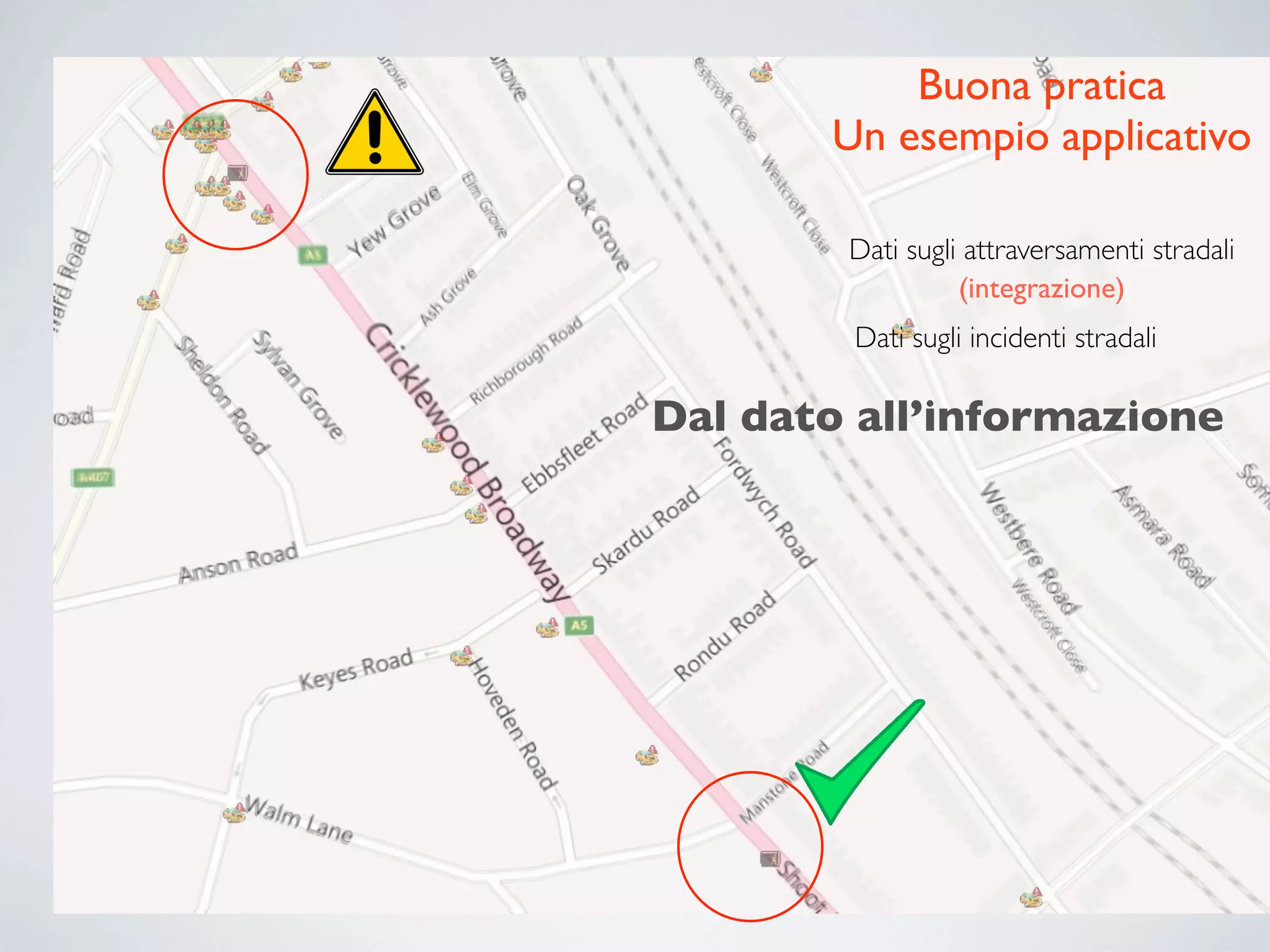 Buona pratica
       Un esempio applicativo

        Dati sugli attraversamenti stradali
                  (integrazione)
        Dati sugli incidenti stradali

Dal dato all’informazione
 