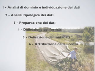 1- Analisi di dominio e individuazione dei dati

 2 - Analisi tipologica dei dati

      3 - Preparazione dei dati

        4 - Deﬁnizione dei formati

            5 - Deﬁnizione dei metadati

                6 - Attribuzione della licenza
 