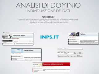 ANALISI DI DOMINIO
         INDIVIDUAZIONE DEI DATI
                            Obiettivo?
identiﬁcare i contenuti già esposti dall’istituto all’interno delle aree
            di pubblicazione al ﬁne di identiﬁcare i dati.




                          INPS.IT
 