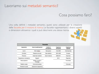 Lavoriamo sui metadati semantici!

                                                           Cosa possiamo farci?

  Una volta deﬁniti i metadati semantici, questi sono utilizzati per la creazione
  delle faccette per il motore di ricerca. Le faccette rappresentano i diversi aspetti
  o dimensioni attraverso i quali si può descrivere una stessa risorsa.
 
