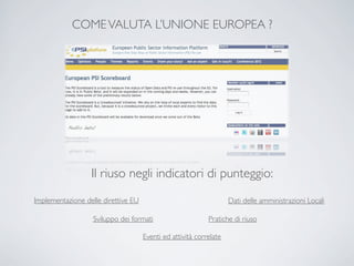 COME VALUTA L’UNIONE EUROPEA ?




                  Il riuso negli indicatori di punteggio:
Implementazione delle direttive EU                                  Dati delle amministrazioni Locali

                   Sviluppo dei formati                     Pratiche di riuso

                                     Eventi ed attività correlate
 