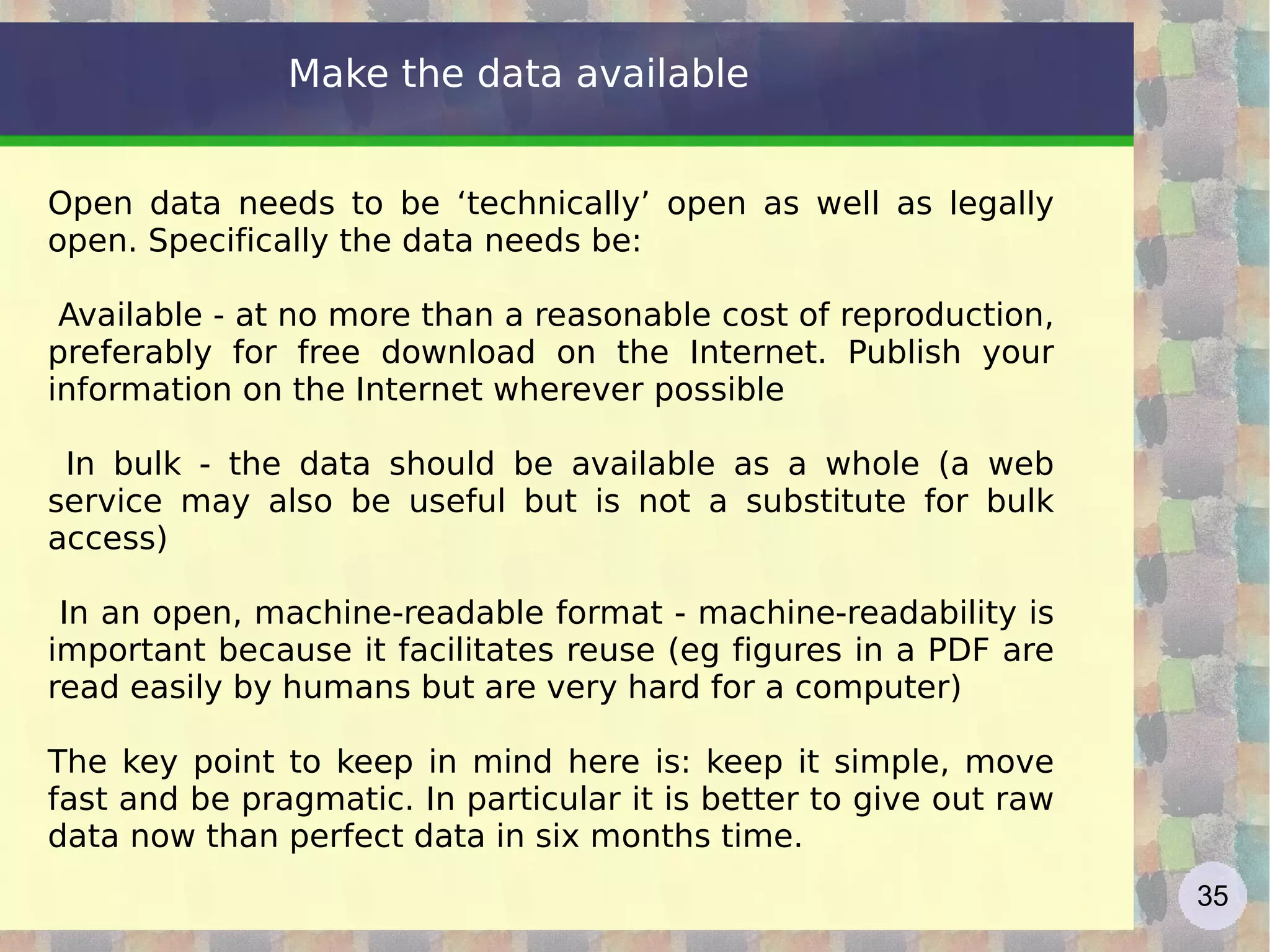 This list should be a quick process that identifies what datasets could be made open  Circulate the request to relevant mailing lists, forums and individuals pointing back to the main webpage 