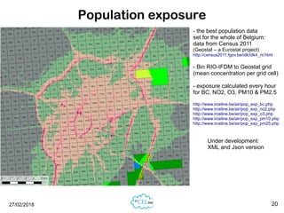 27/02/2018 20
Population exposure
- the best population data
set for the whole of Belgium:
data from Census 2011
(Geostat ...