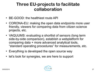 03/03/2018 27
Three EU-projects to facilitate
collaboration
●
BE-GOOD: the healthiest route API
●
CORONA-EU: making the op...