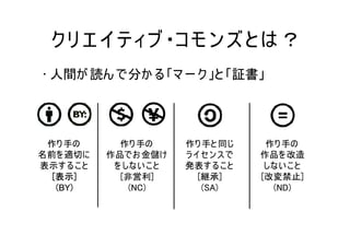 ク リ エ イ テ ィブ ・コ モ ン ズ と は ？
• 人間が 読ん で分か る 「マ ー ク 」と 「証書」




 作り 手の        作り 手の      作り 手と 同じ     作り 手の
名前を 適切に     作品でお 金儲け     ライセンスで      作品を 改造
表示す る こ と    を しない こ と   発表す る こ と    しない こ と
  [表示]        [非営利]        [継承]      [改変禁止]
   (BY)         (NC)        (SA)       (ND)
 
