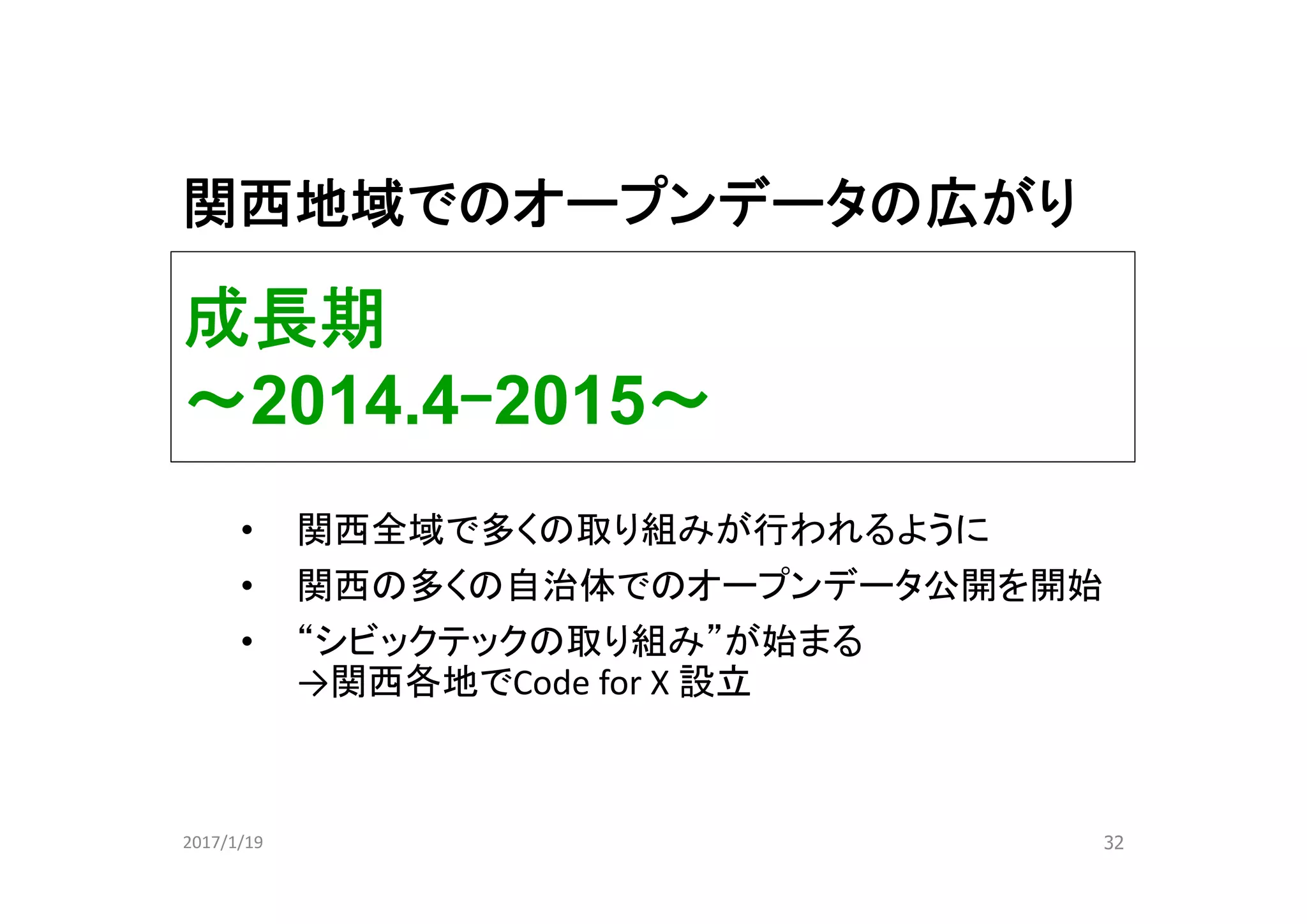 成長期
～2014.4ｰ2015～
32
• 関西全域で多くの取り組みが行われるように
• 関西の多くの自治体でのオープンデータ公開を開始
• “シビックテックの取り組み”が始まる
→関西各地でCode for X 設立
2017/1/19
関西地域でのオープンデータの広がり
 