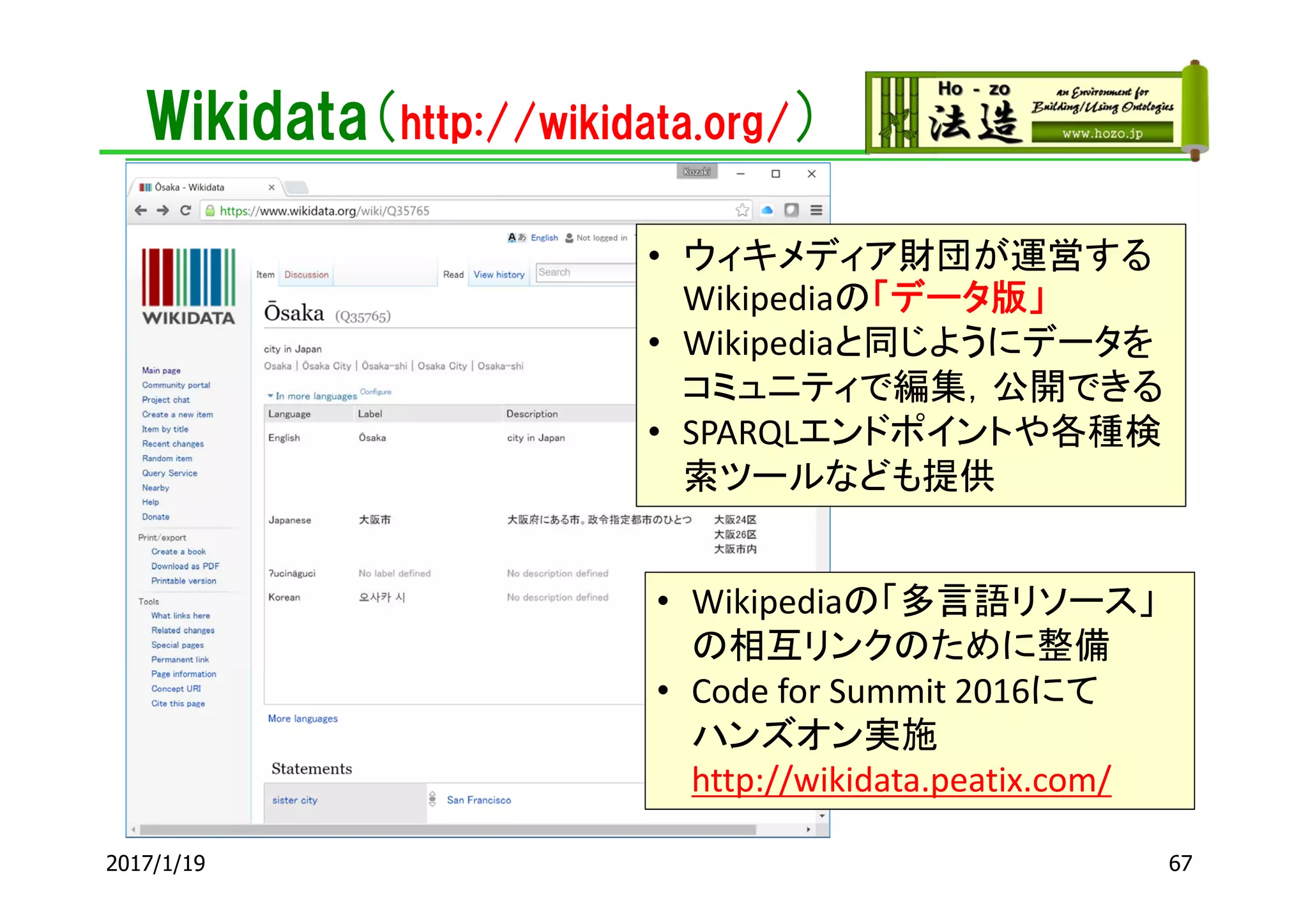 Wikidata（http://wikidata.org/）
2017/1/19 67
• ウィキメディア財団が運営する
Wikipediaの「データ版」
• Wikipediaと同じようにデータを
コミュニティで編集，公開できる
• SPARQLエンドポイントや各種検
索ツールなども提供
• Wikipediaの「多言語リソース」
の相互リンクのために整備
• Code for Summit 2016にて
ハンズオン実施
http://wikidata.peatix.com/
 