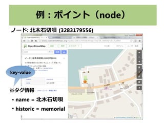 例：ポイント（node）
ノード: 北木石切唄 (3283179556)
※タグ情報
● name = 北木石切唄
●
historic = memorial
key-value
 