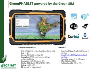 GreenPHABLET powered by the Green SIM 
CONFIGURATION DETAILS: 
• CPU : MTK6589W, 1.2Ghz, Quad Core (Cortex -A7) 
• RAM : 1 GB 
• Camera: 2.0 Mp (F) + 8.0 Mp (B) 
• Display Size : 7" IPS, multi touch. and bright 
sunlight readability 
• Connectivity: Wifi , Bluetooth, GPS 
• Cellular: 2G (triband) /3G (WCDMA) (HSPA) 
• Battery: 10,000 MAh 
• OS: Android 4.2 (upgradable) 
FEATURES: 
• Dust Proof/Water Proof : IP66 Standard 
certified 
• Drop Proof: 1.5 M height, tested and 
certified. 
• Operating temp: -20 to +60 degree 
• Max Altitude: 4500M 
• Relative humidity: 5% to 95% 
 