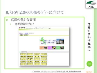 6. GOV 2.0の京都モデルに向けて
 京都の豊かな資産
 京都府統計なび 学
問
を
生
か
す
社
会
へ
32
Copyright アカデミック・リソース・ガイド株式会社 All Rights Reserved. arg.ne.jp
 
