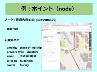 例：ポイント（node）
ノード: 天道大日如来 (3049908829)
新規作成
★追加タグ
amenity place_of_worship
artwork_type sculpture
name 天道大日如来
religion buddhism
source Survey
 