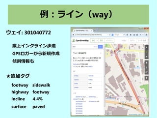 例：ライン（way）
ウェイ: 301040772
蹴上インクライン歩道
GPSロガーから新規作成
傾斜情報も
★追加タグ
footway sidewalk
highway footway
incline　 4.4%
surface paved
 