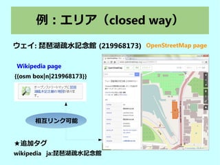 例：エリア（closed way）
ウェイ: 琵琶湖疏水記念館 (219968173)
Wikipedia page
wikipedia ja:琵琶湖疏水記念館
★追加タグ
OpenStreetMap page
相互リンク可能
{{osm box|w|219968173}}
 