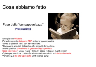 Cosa abbiamo fatto


Fase della ”consapevolezza”
              Primi mesi 2012



Sinergie con Wikitalia
Perfezionamento dizionario RDF sinistri e toponomastica
Studio di possibili “link” con altri datastore
“Campagna acquisti” dataset da altri soggetti del territorio
Analisi possibili piattaforme di gestione degli opendata
Cosa volevamo = visual + geo + linked + social + dataset mgmt system
Optato per soluzione custom focalizzandoci soprattutto su interfaccia utente
Versione 2.0 del sito Open data (29 Febbraio 2012)
 