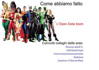 Come abbiamo fatto



          L’Open Data team




Coinvolti colleghi delle aree:
                 Risorsa dati/ETL
                  GIS/GeoPortale
        Comunicazione/socialmedia
                        Statistica
          Gestione IT/Server/Rete
 