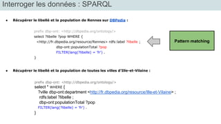 Interroger les données : SPARQL 
● Récupérer le libellé et la population de Rennes sur DBPedia : 
Pattern matching 
prefix dbp-ont: <http://dbpedia.org/ontology/> 
select ?libelle ?pop WHERE { 
<http://fr.dbpedia.org/resource/Rennes> rdfs:label ?libelle ; 
dbp-ont:populationTotal ?pop 
FILTER(lang(?libelle) = 'fr') . 
} 
● Récupérer le libellé et la population de toutes les villes d’Ille-et-Vilaine : 
prefix dbp-ont: <http://dbpedia.org/ontology/> 
select * WHERE { 
?ville dbp-ont:department <http://fr.dbpedia.org/resource/Ille-et-Vilaine> ; 
rdfs:label ?libelle ; 
dbp-ont:populationTotal ?pop 
FILTER(lang(?libelle) = 'fr') . 
} 
 