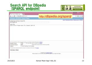 Search API for DBpedia
(SPARQL endpoint)
2015/8/2 13
http://dbpedia.org/sparql
Kansai Mash App! VOL.02
 