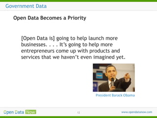 Government Data
Open Data Becomes a Priority

[Open Data is] going to help launch more
businesses. . . . It’s going to help more
entrepreneurs come up with products and
services that we haven’t even imagined yet.

President Barack Obama

12

 