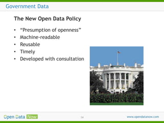 Government Data
The New Open Data Policy
•
•
•
•
•

“Presumption of openness”
Machine-readable
Reusable
Timely
Developed with consultation

14

 