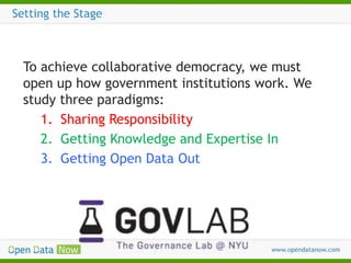 Setting the Stage

To achieve collaborative democracy, we must
open up how government institutions work. We
study three paradigms:
1. Sharing Responsibility
2. Getting Knowledge and Expertise In
3. Getting Open Data Out

 