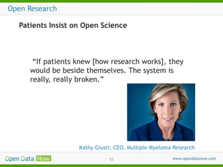 Open Research
Patients Insist on Open Science

“If patients knew [how research works], they
would be beside themselves. The system is
really, really broken.”

Kathy Giusti, CEO, Multiple Myeloma Research
53

 