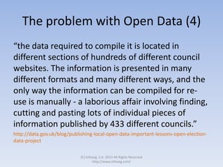 The problem with Open Data (4)
“the data required to compile it is located in
different sections of hundreds of different council
websites. The information is presented in many
different formats and many different ways, and the
only way the information can be compiled for re-
use is manually - a laborious affair involving finding,
cutting and pasting lots of individual pieces of
information published by 433 different councils.”
http://data.gov.uk/blog/publishing-local-open-data-important-lessons-open-election-
data-project
(C) Infoseg, S.A. 2013 All Rights Reserved
http://www.infoseg.com/
 