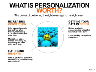INCREASING
CONVERSION
Infor IA continuously
learns from offer
history, increasing
CTR and conversions
over time.
Makes best use of
limited inventory by
delivering the best
offer each time.
GETTING YOUR
DATA IN ORDER
Highly available
customer data snapshot
has value on its own.
Leverage key data points
elsewhere.
GATHERING
INSIGHTS
Who is your best customer?
What kind of data is driving
conversions?
14
WHAT IS PERSONALIZATION
WORTH?
The power of delivering the right message to the right user
 