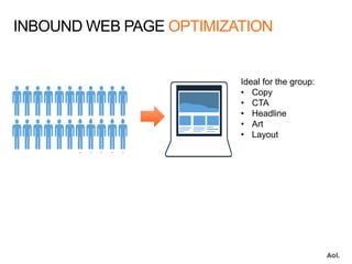 Ideal for the group:
• Copy
• CTA
• Headline
• Art
• Layout
INBOUND WEB PAGE OPTIMIZATION
 
