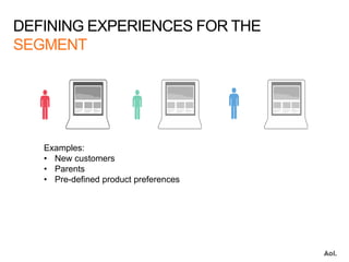 Examples:
• New customers
• Parents
• Pre-defined product preferences
DEFINING EXPERIENCES FOR THE
SEGMENT
 