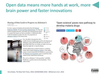 CC BY-SA 4.0
Open data means more hands at work, more
brain power and faster innovations
Gina Kolata, The New York Times, 2010; SCIENCEMAG 2016 - Williamson et al., 2016
 
