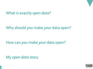 CC BY-SA 4.0
What is exactly open data?
Why should you make your data open?
How can you make your data open?
My open data story
 