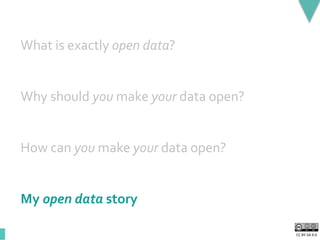 CC BY-SA 4.0
What is exactly open data?
Why should you make your data open?
How can you make your data open?
My open data story
 