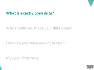 CC BY-SA 4.0
What is exactly open data?
Why should you make your data open?
How can you make your data open?
My open data story
 
