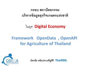 กรอบ สถาปัตยกรรม 
บริหารข้อมูลธุรกิจเกษตรแห่งชาติ 
ในยุค Digital Economy 
Framework OpenData , OpenAPI 
for Agriculture of Thailand 
ฉัตรชัย หลิมประเสริฐศิริ ThaiXML 
 